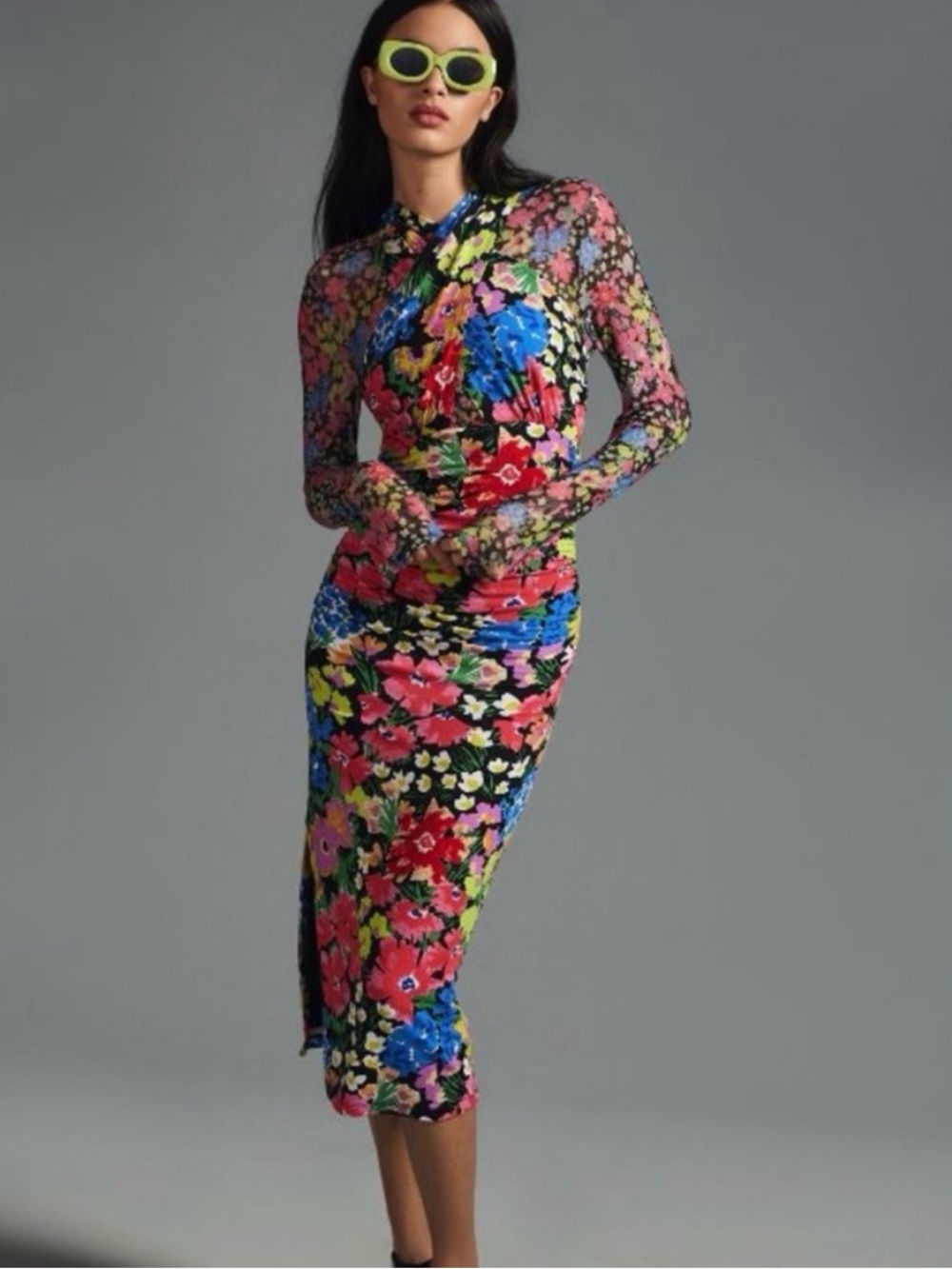 NWT Anthropologie Mesh Halter Mock-Neck Dress Floral Bodycon Midi Black Floral